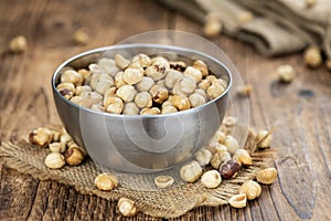 Hazelnut kernels close up shot; selective focus