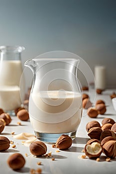 Hazelnut milk in a glass jug. Generative AI.