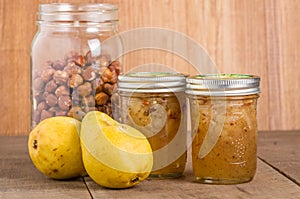 Hazelnut and pear conserve in jars