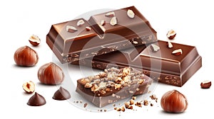 Hazelnut pieces and caramel in a sweet chocolate bar isolated on a white background. Modern realistic illustration of