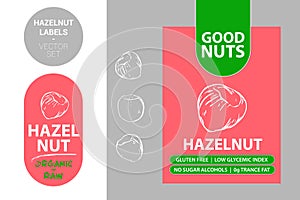 Hazelnut red labels with text: gluten free, low glycemic index, no sugar alcohols, 0g trance fat. Raw organic sticker