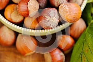 Hazelnuts close-up in a green cup on a wooden table. Whole nuts with green leaves. harvest of hazelnuts. Farmed organic