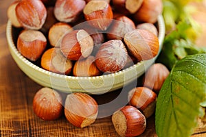 Hazelnuts close-up in a green cup on a wooden table. Whole nuts with green leaves. harvest of hazelnuts. Farmed organic