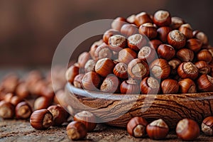 Hazelnuts, Cobnuts, Filberts in Wooden Bowl on Table. Isolated on Brown Background.