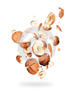 Hazelnuts crushed into pieces, frozen in the air on a white