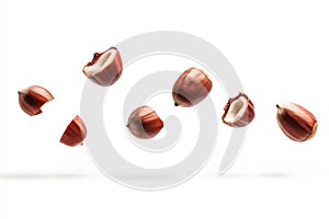 Hazelnuts falling and rotating on white background