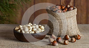 Hazelnuts, filbert in burlap sack and in brown bowl on rustic wooden table. heap or stack of hazelnuts. Hazelnut background, healt