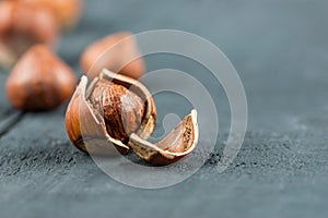Hazelnuts, filbert on wooden table