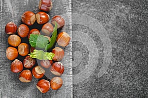 Hazelnuts on a gray slate background. Fresh harvest of hazelnuts. Farmed organic hazelnuts.