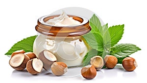 Hazelnuts and Hazelnut Cream in a Jar on a White Background - Generative AI