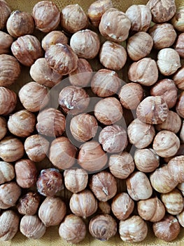 Hazelnuts lie on the table