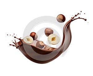 Hazelnuts in melted chocolate splash on a white background. Generative AI