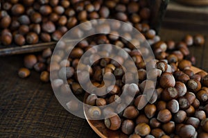 Hazelnuts in Motion Tumbling into Wooden Box