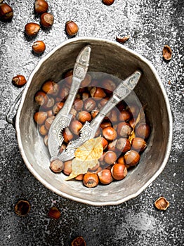 The hazelnuts in an old bucket with a Nutcracker.