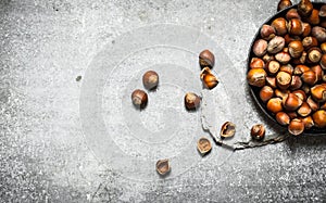 The hazelnuts in an old pan.