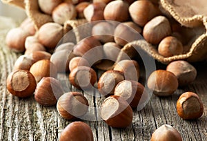 Hazelnuts on old wooden background