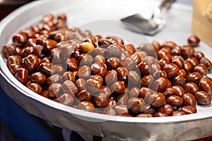 Hazelnuts in a plate, nuts.