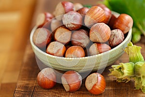 Hazelnuts in a round green bowl with green leaves. Farmed ripe hazelnuts. Nut abundance.Organic bio nuts. Healthy fats.