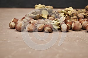 Hazelnuts scattered on the table close-up copy space