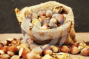 hazelnuts spilled on the table from a canvas bag close-up