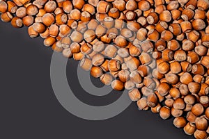 Hazelnuts. Stack of hazelnuts. Food background. Hazelnut on darck background