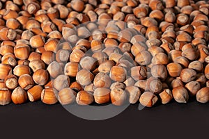 Hazelnuts. Stack of hazelnuts. Food background. Hazelnut on darck background