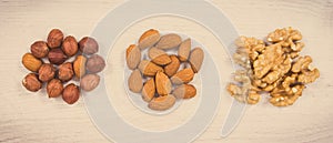 Hazelnuts, walnuts and almonds as source healthy vitamins and minerals, nutritious eating