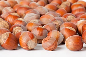 Hazelnuts on white surface