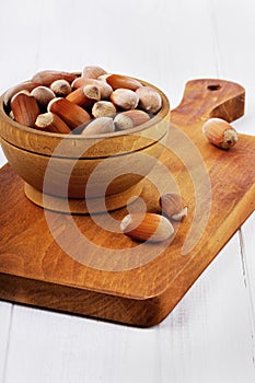Hazelnuts in a wooden bowl