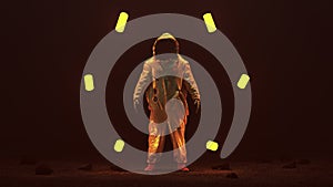 Hazmat NBC Suit with Glowing Nuclear Fuel Rods in a Foggy Void Night