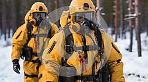 Hazmat Response: Men Geared Up and Walking to a Critical Mission, Generative AI