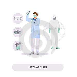 Hazmat suits flat concept vector illustration. Radiation protection, workwear photo