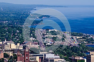 Hazy aerial view of Duluth Minnesota harbor on a sunny summer day