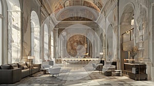 With a hazy allure the impressive frescoes and intricate patterns of this defocused lobby evoke a sense of oldworld photo