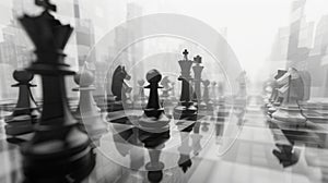 Hazy chessboards filled with an array of black and white pieces