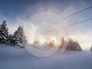 Hazy dieing sun on a ski slope with snow covered trees photo