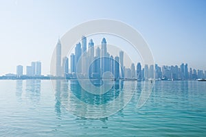 Hazy dubai marina skyline