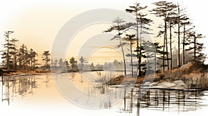 Hazy Forest Reflection Romantic Illustration Of Pine Trees In Wetland