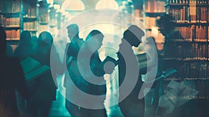 A hazy image of a crowd of people gathered in a dimlylit library each holding a different classic novel in their hands photo
