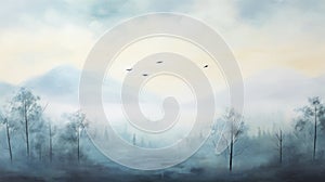 Hazy Landscape: Atmospheric Forest Painting With Birds photo