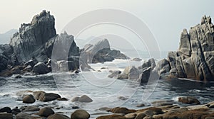 Hazy Landscapes: Ocean Rocks And Sharp Boulders In Naturalistic Style