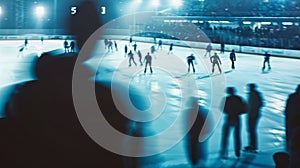 A hazy and outoffocus image of a speed skating race with spectators cheering on their favorite competitors as they glide