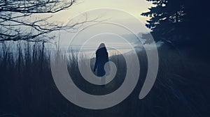 Hazy Romanticism: A Captivating Image Of A Girl Walking Along The Shore At Night