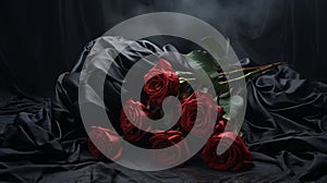 Hazy Romanticism: Five Red Roses On Black Cloth