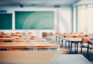 Hazy schoolroom with vacant tables and chairs and no pupils.