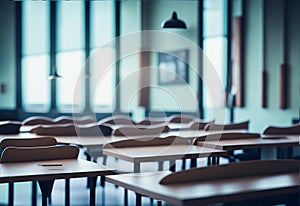 Hazy schoolroom with vacant tables and chairs and no pupils.