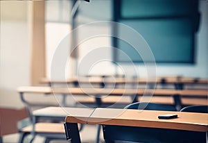 Hazy schoolroom with vacant tables and chairs and no pupils.