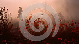 Hazy Silhouette: A Dreamlike Journey Through A Field Of Red Poppies photo