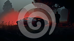 Hazy Silhouette Of A Red Car In The Dark Forest