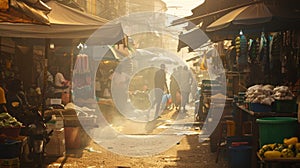 A hazy view of a mazelike market showcasing the cultural fusion of sights smells and sounds in this bustling destination